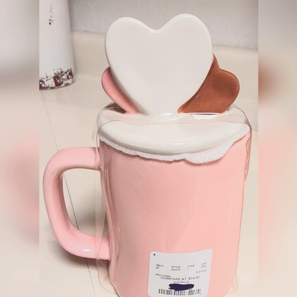 NWT Rae Dunn LOVE IS HUMAN Pink ♥️ Hearts Valentine Mug w/Topper - Picture 3 of 5